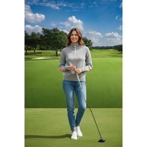 EUC Golfino Womens Quarter Zip Golf Sweater Grey Pink Blue Colorblock Mock Neck